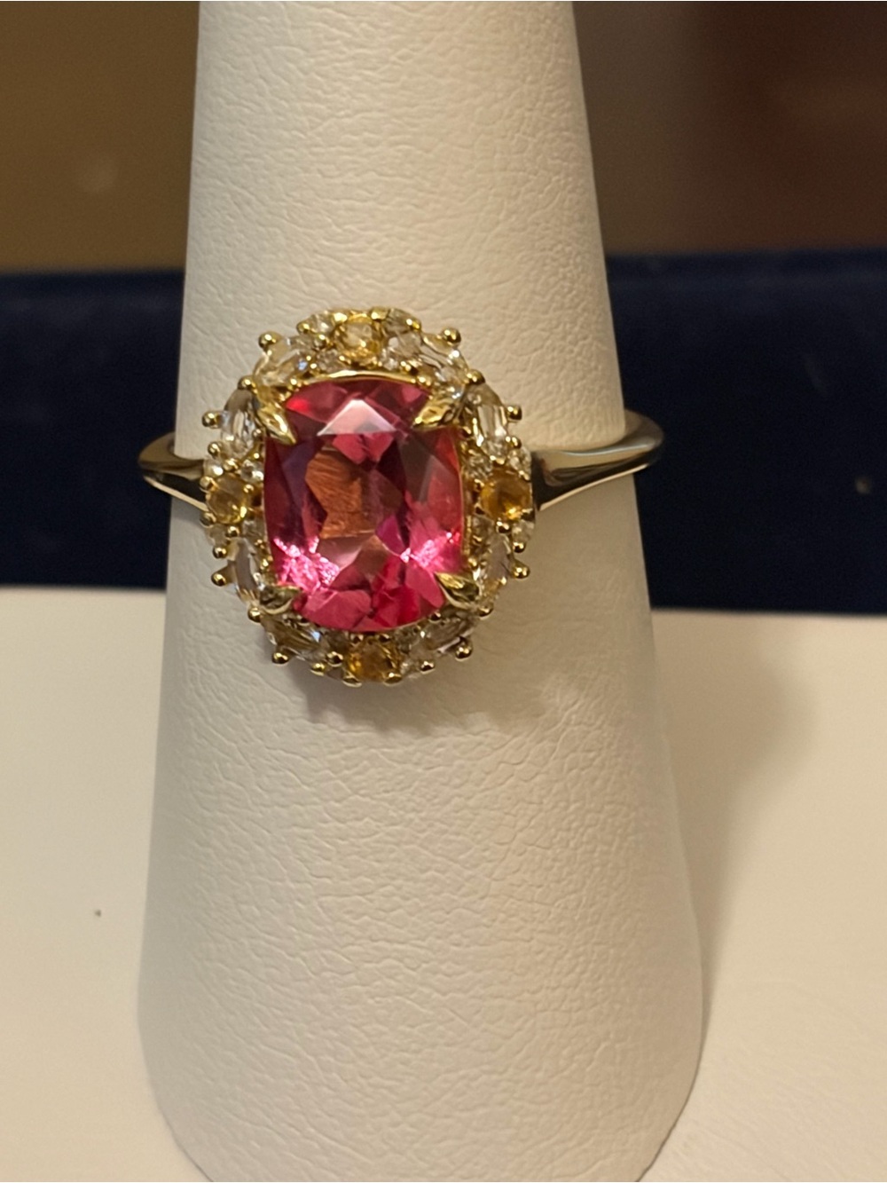 Gold over Sterling Silver Ring with Pink Topaz Center Stone and Yellow Accents
